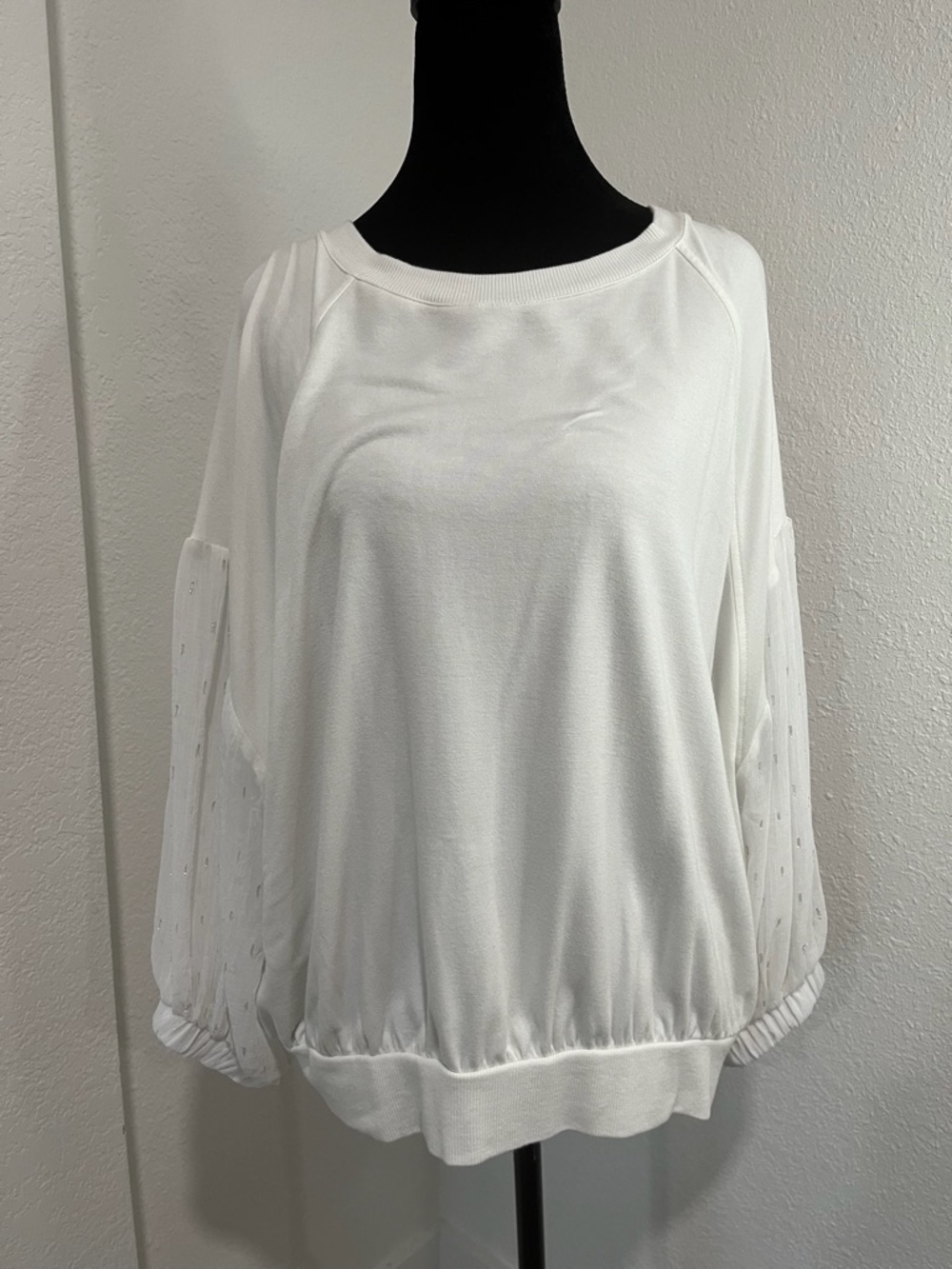 Express White Lightweight Pullover Top with Sheer Dot Sleeves